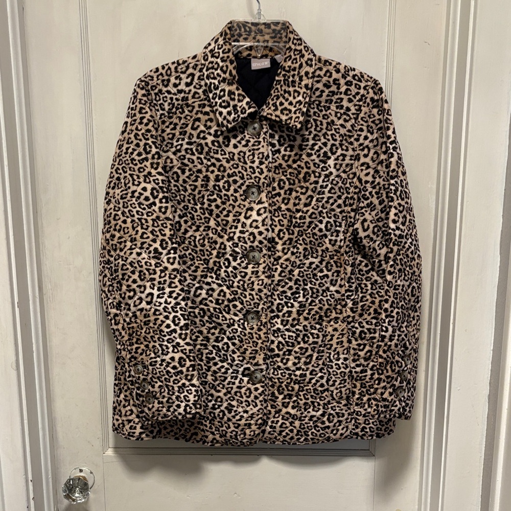 Chico's Leopard Animal Print Quilted Jacket in Tan and Black Large 12/14